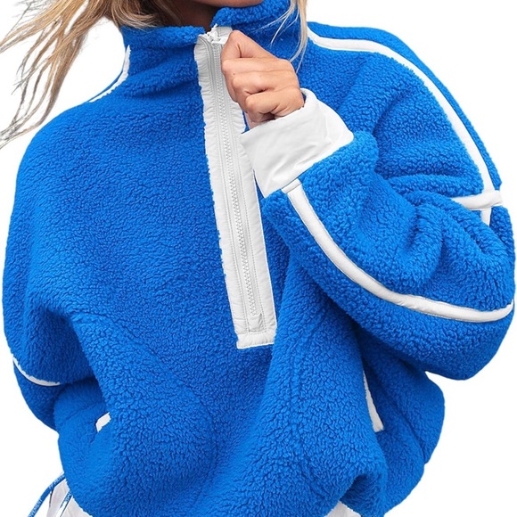 Blue Cropped Sherpa Fleece Pullover Half Zip Sporty Size M - Picture 3 of 11
